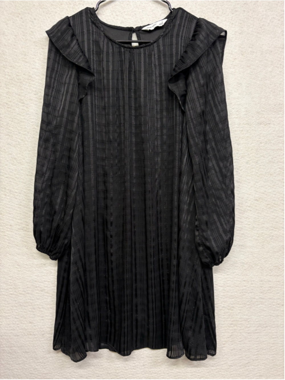 Nine West Black Metallic Stripe Ruffle Shift Mini Dress Long Sleeve Size S
